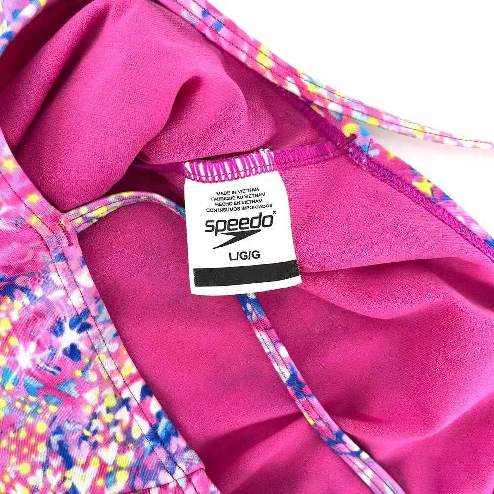 Speedo girl's Large Pink‎ pattern Thin Stap One piece Swimsuit